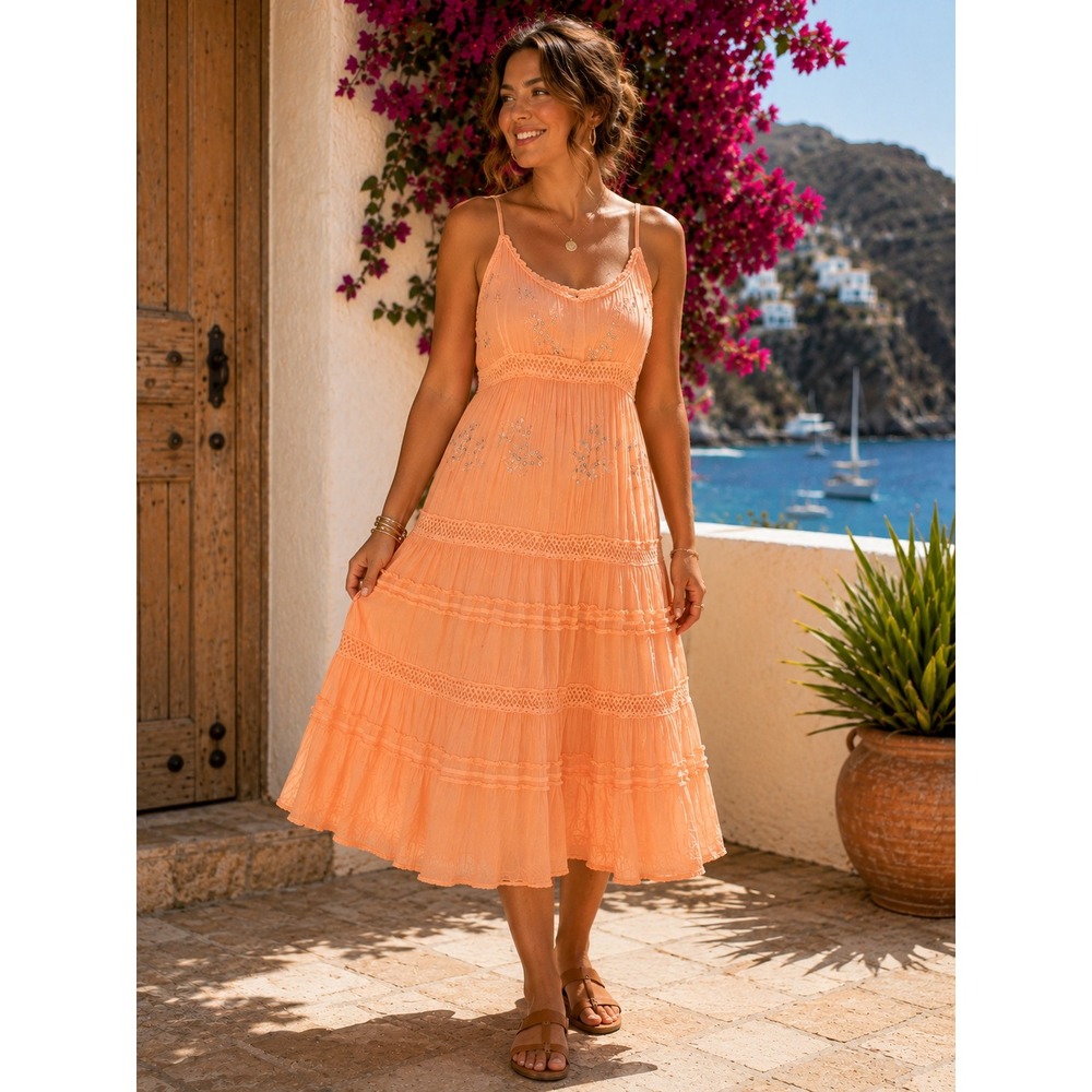 Kaaku Tiered Midi Dress 2X Peach Sequin Cottagecore Embroidered Cotton Boho Lace